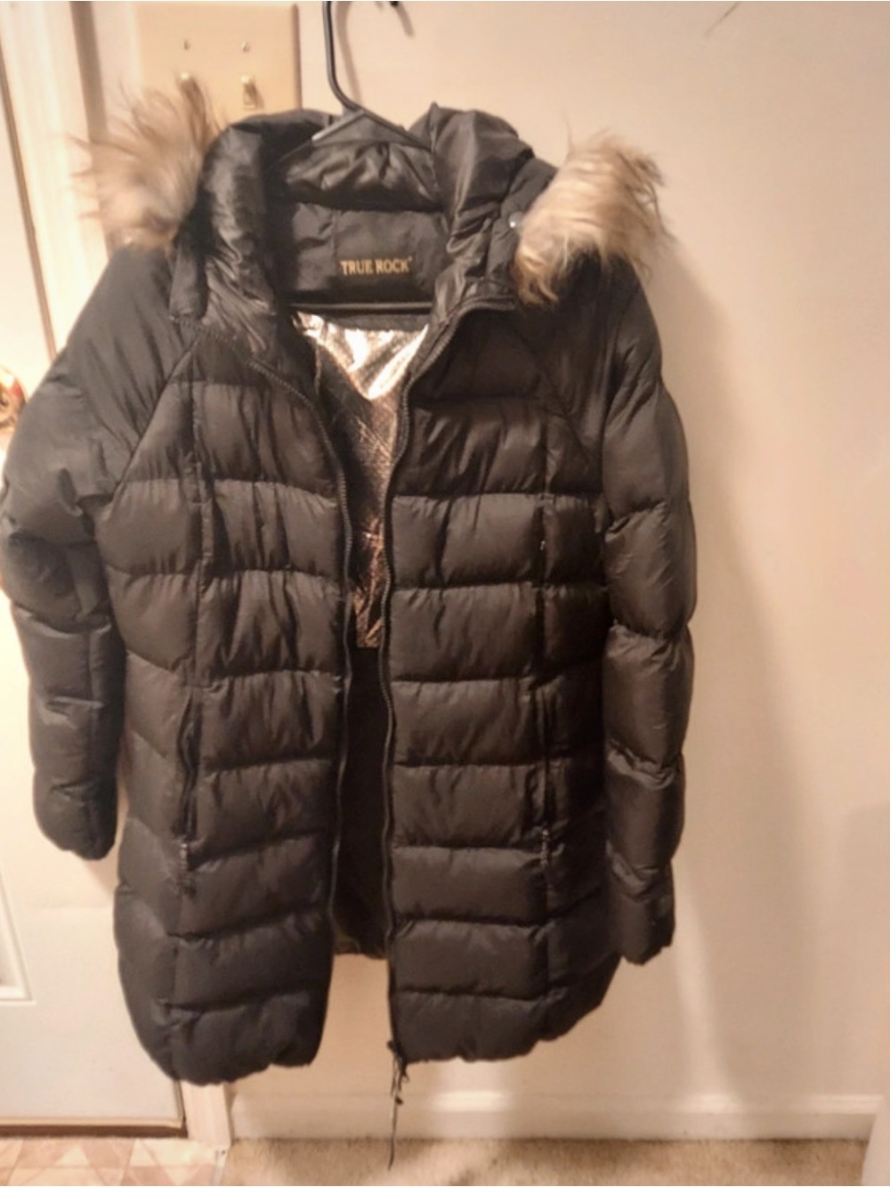 TRUE ROCK Black Long Puffer Coat with Faux Fur Trim Hood